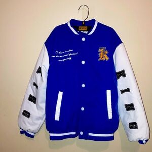 Blue, white letter style coat for a boy